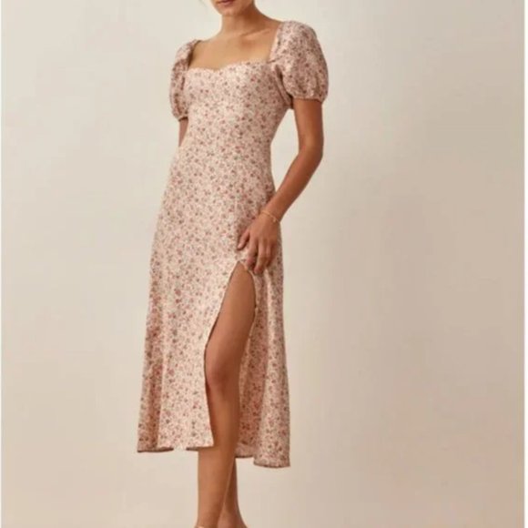 BEST Reformation Denver Linen Midi Dress - Fairy Beige Orange Floral Wedding Par - Picture 4 of 9